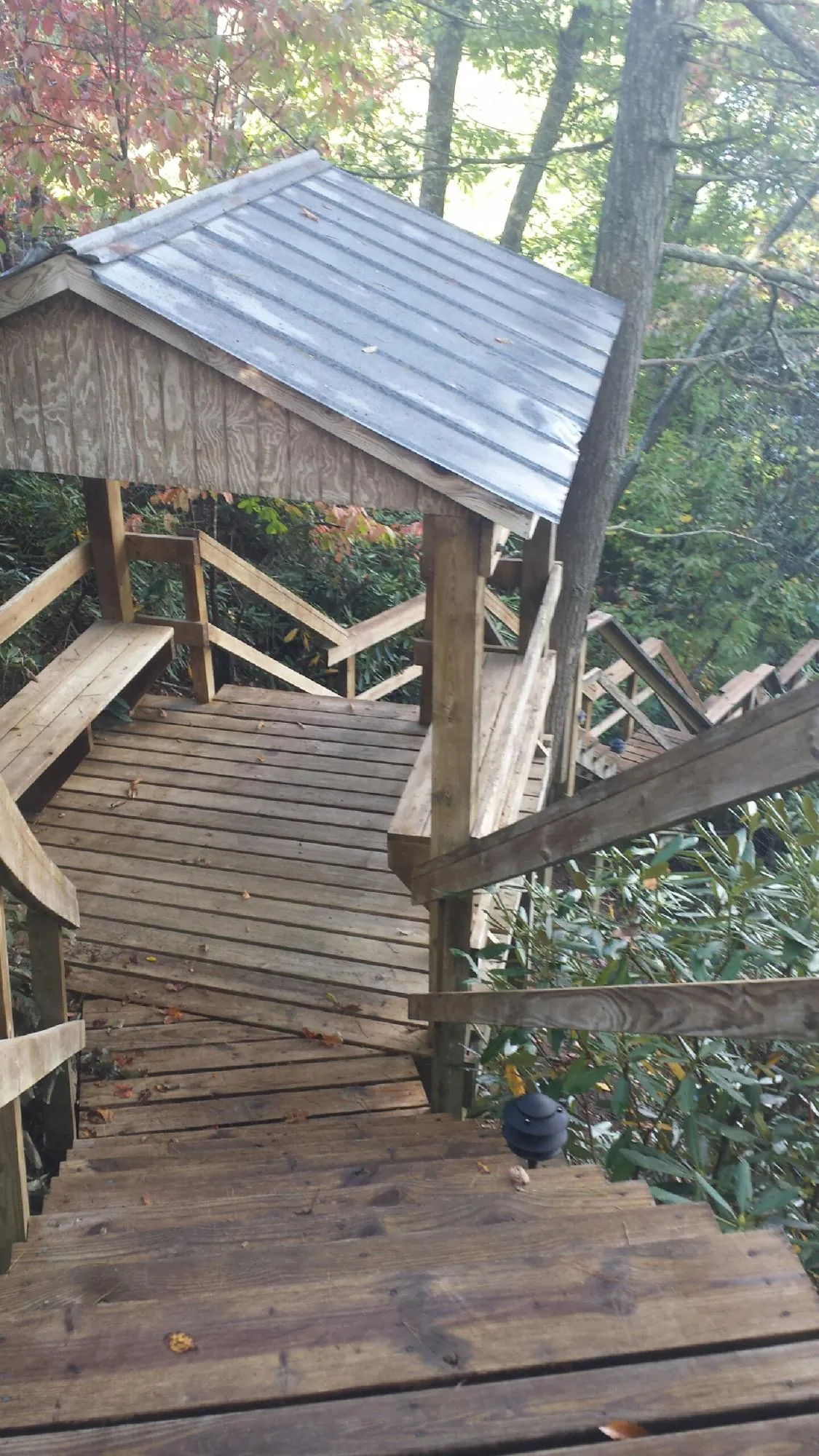 Metal roofed shelter over wooden steps on a wooded walkway — Skylight Repair & Installation work by our crew in Harvey